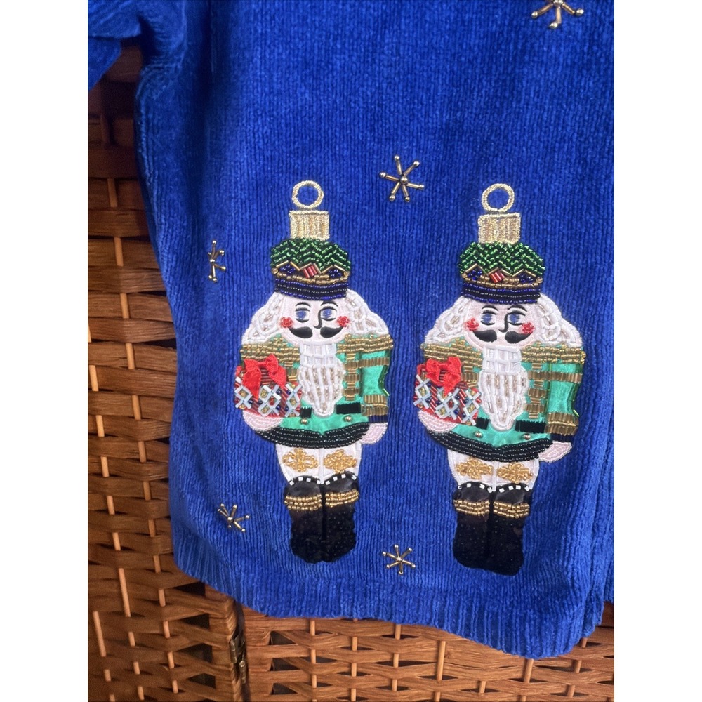 VTG Christopher Radko Christmas Zip Up Cardigan XL Beaded Nutcracker Blue - Picture 6 of 14